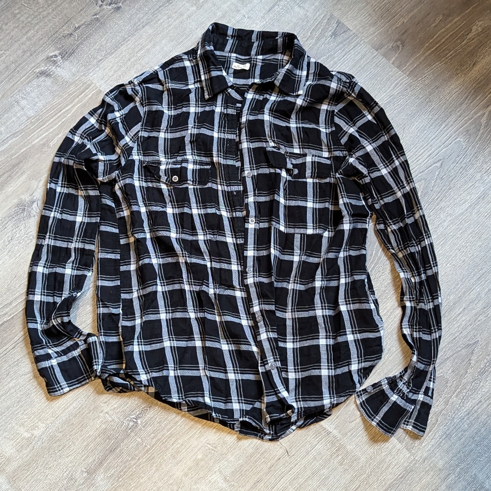 Hollister Plaid Button Up, Black and White Women's Size M